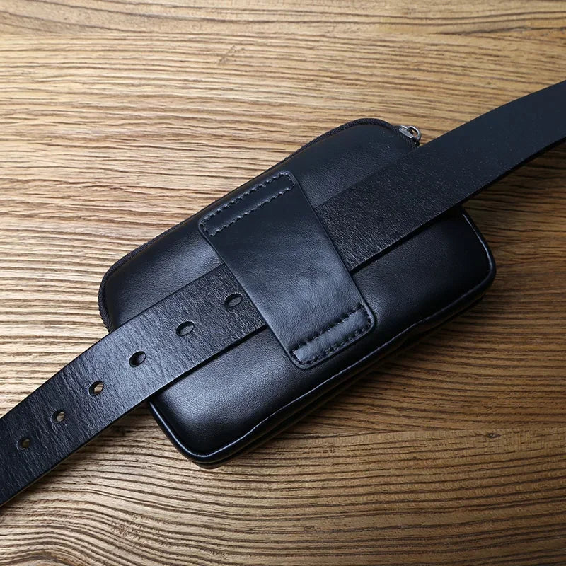 Men’s Leather Belt Pouch - 2-Compartment Zip Waist Bag