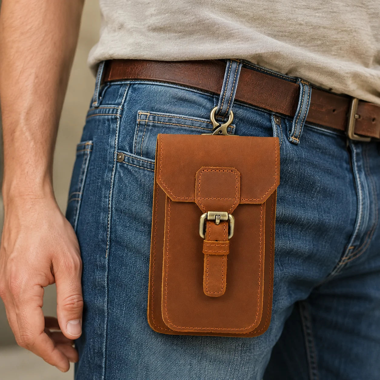 Men’s Leather Belt Pouch - Phone and Card Holder