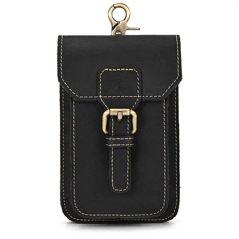 Men’s Leather Belt Pouch - Phone and Card Holder - Black