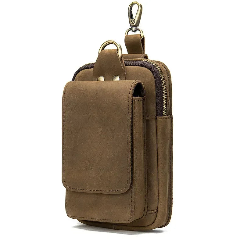 Men’s Leather Belt Pouch - Phone Holster with Belt Loop & Clip - Brown