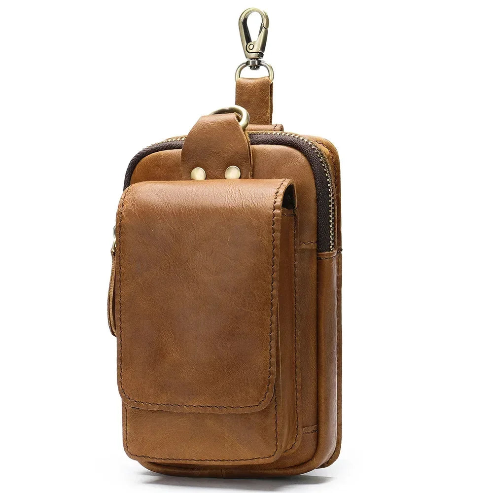 Men’s Leather Belt Pouch - Phone Holster with Belt Loop & Clip - Light brown