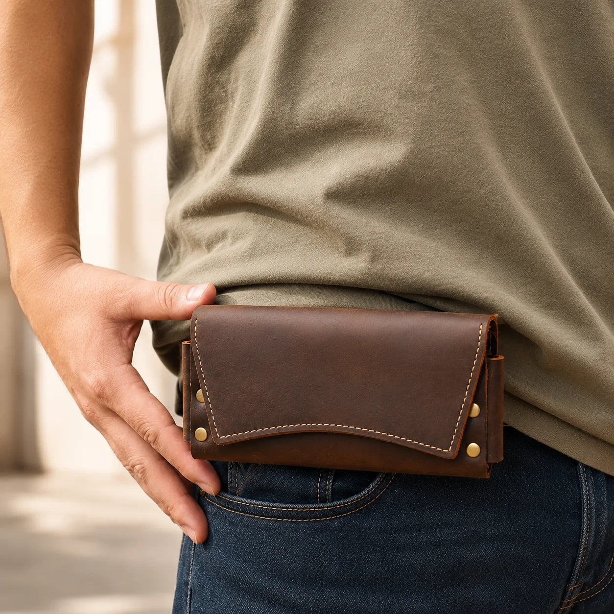 Men’s Leather Belt Pouch - Snap Closure Waist Bag