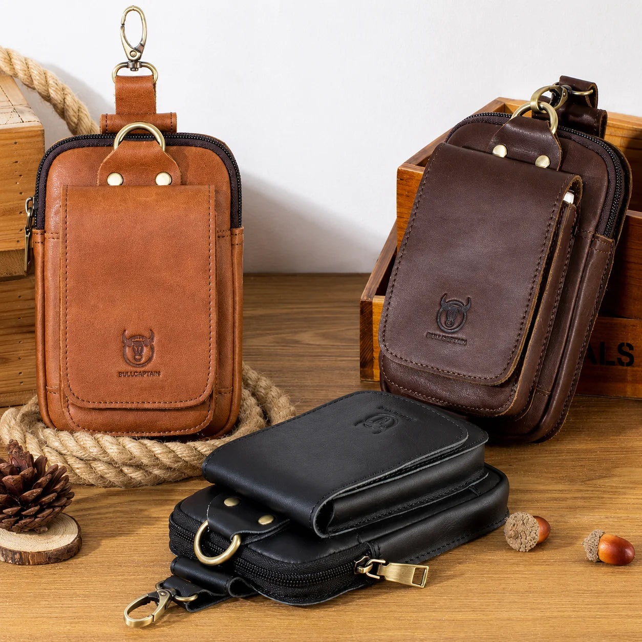 Men’s Leather Belt Pouch - Swivel Clip Two-Pocket Case