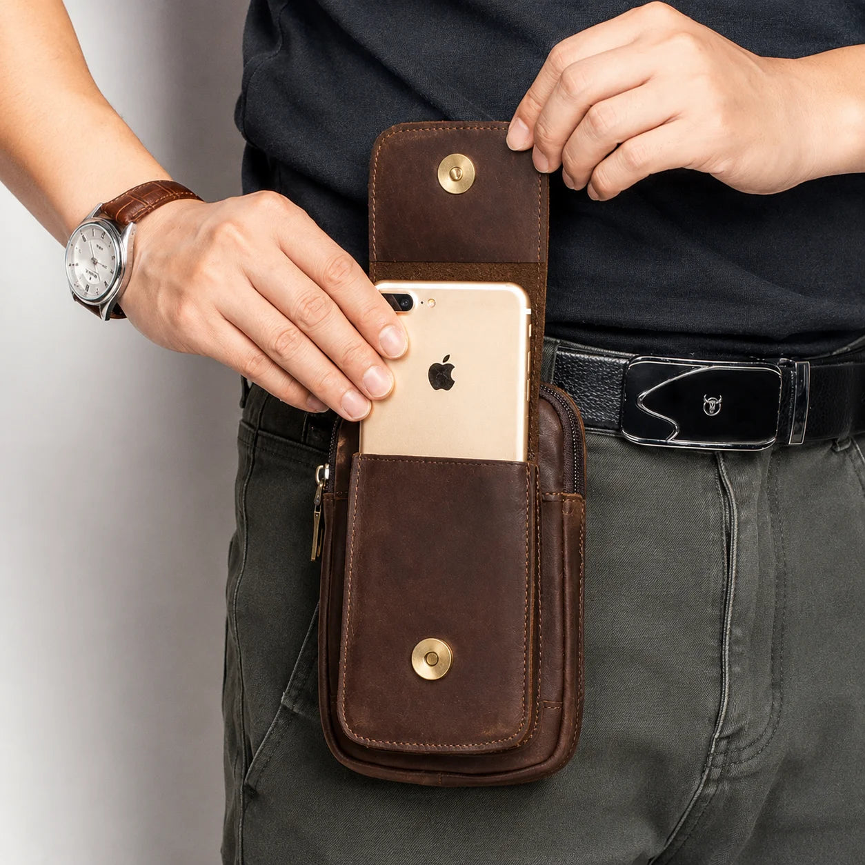 Men’s Leather Belt Pouch - Swivel Clip Two-Pocket Case