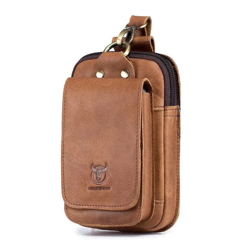 Men’s Leather Belt Pouch - Swivel Clip Two-Pocket Case - Light brown
