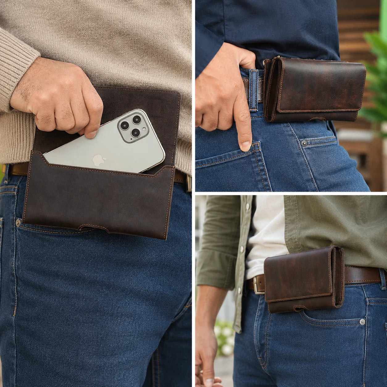 Men’s Leather Belt Pouch - Trifold Phone & Card Organizer