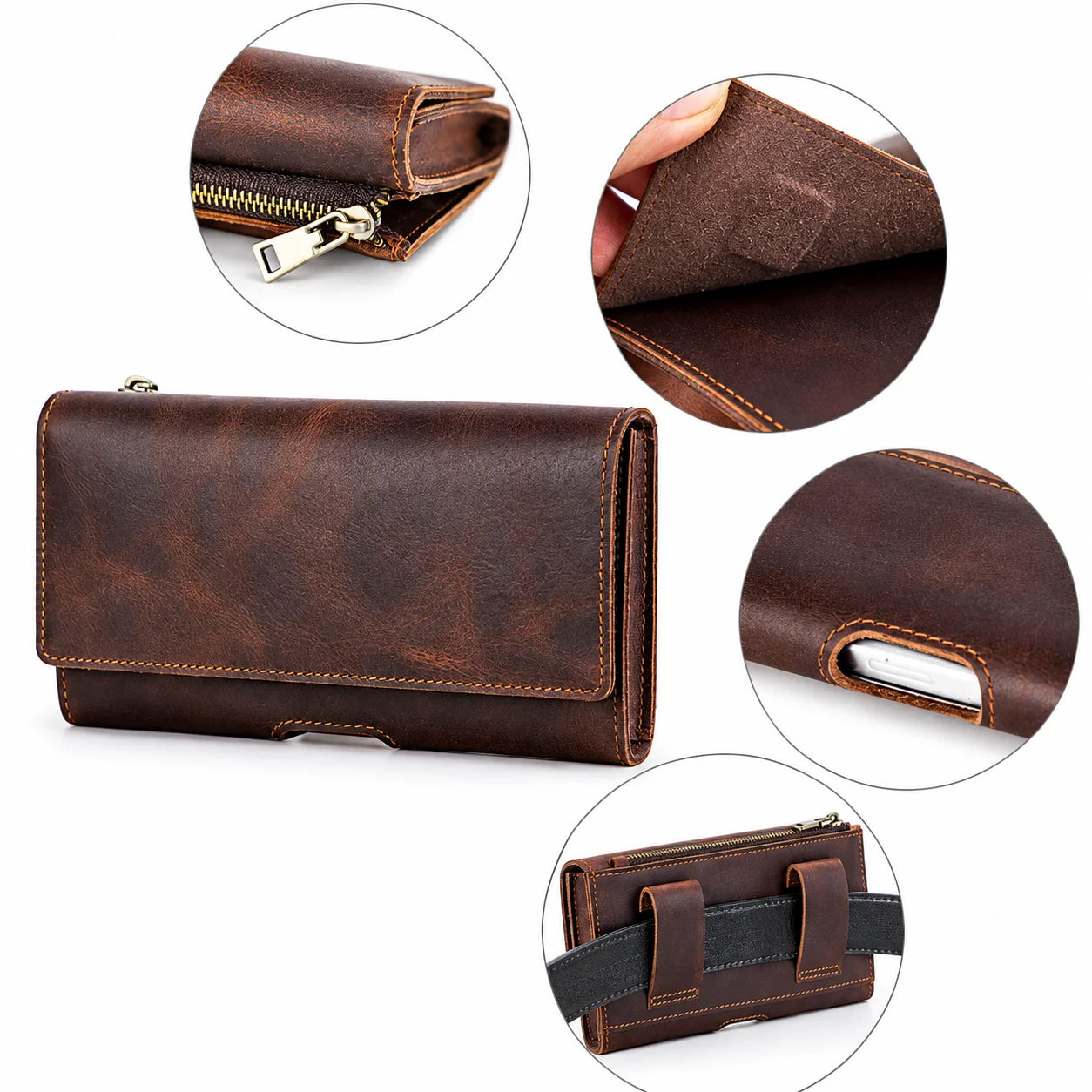 Men’s Leather Belt Pouch - Trifold Phone & Card Organizer