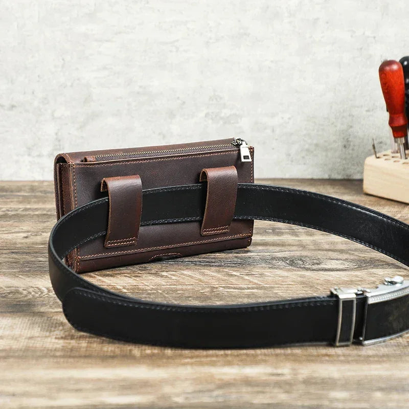 Men’s Leather Belt Pouch - Trifold Phone & Card Organizer