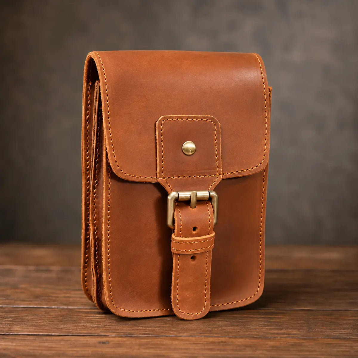 Men’s Leather Belt Pouch - Vertical Buckle Flap Design
