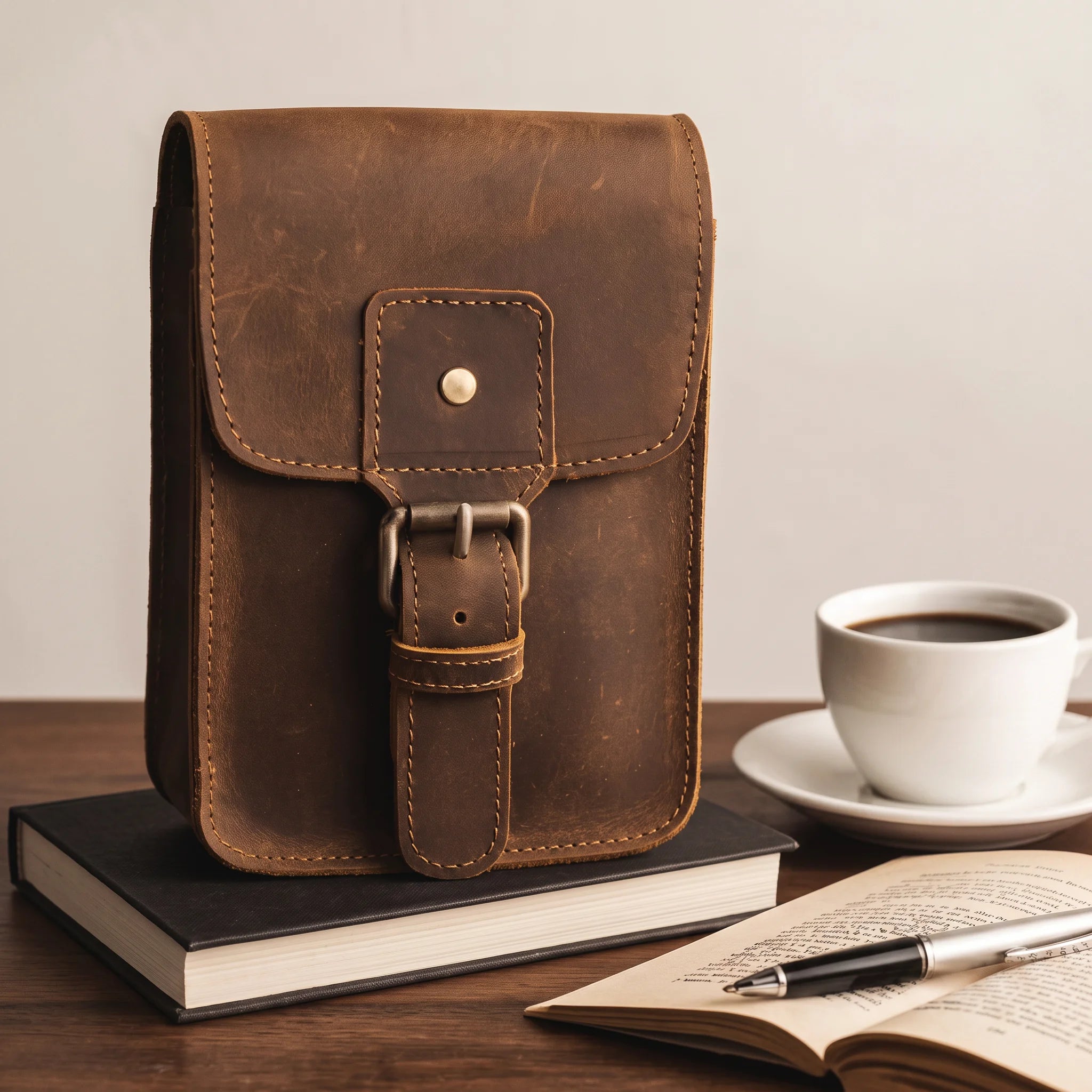 Men’s Leather Belt Pouch - Vertical Buckle Flap Design