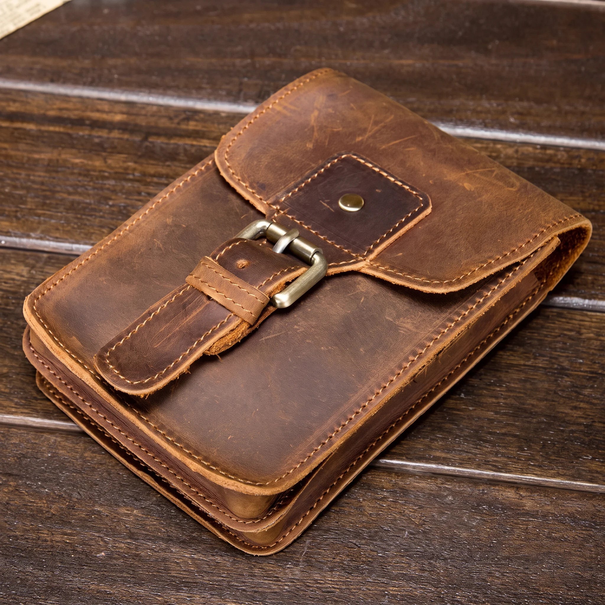 Men’s Leather Belt Pouch - Vertical Buckle Flap Design