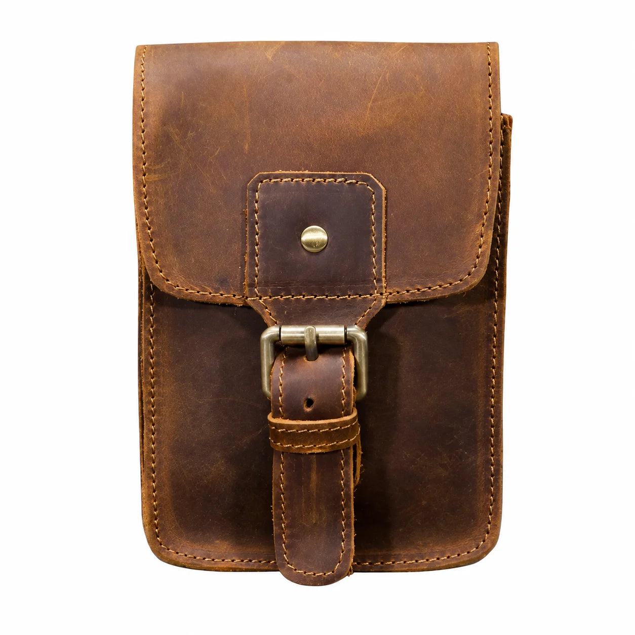 Men’s Leather Belt Pouch - Vertical Buckle Flap Design - Brown