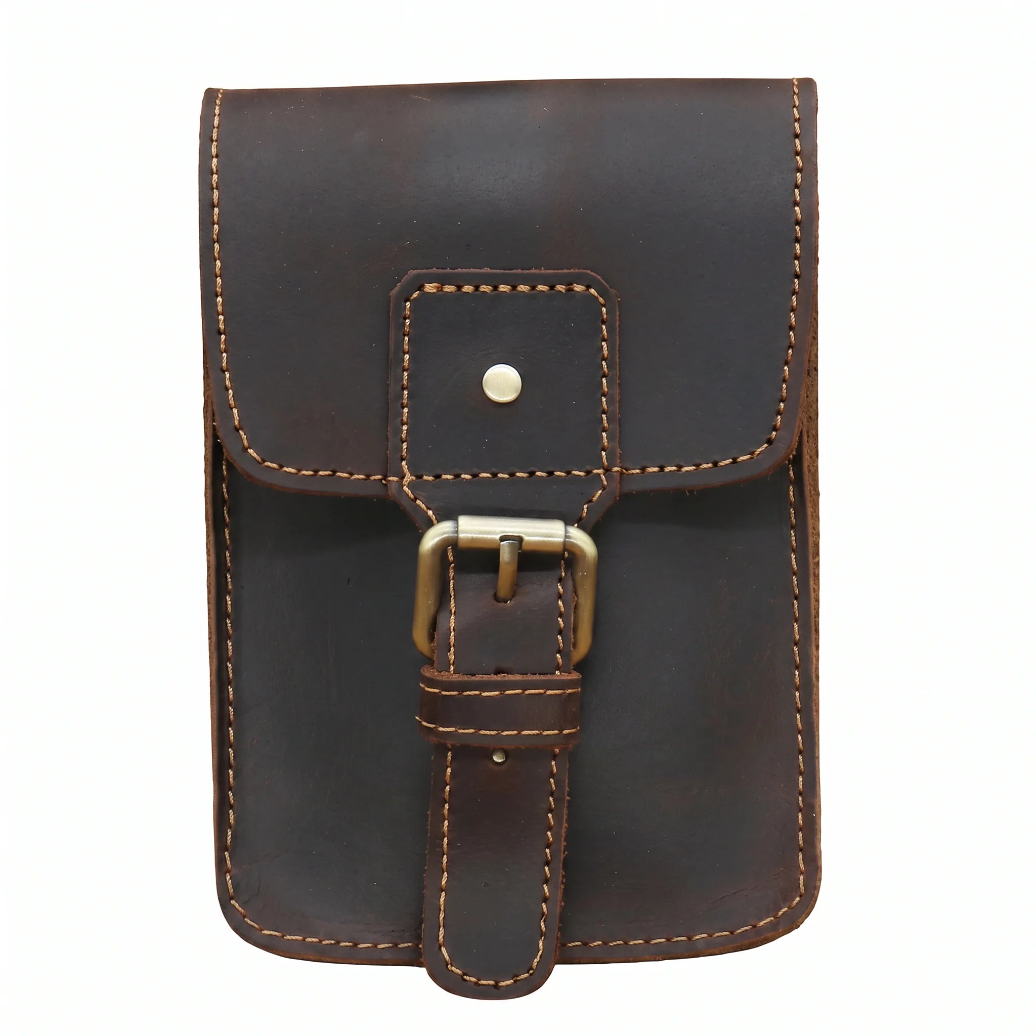 Men’s Leather Belt Pouch - Vertical Buckle Flap Design - Dark brown