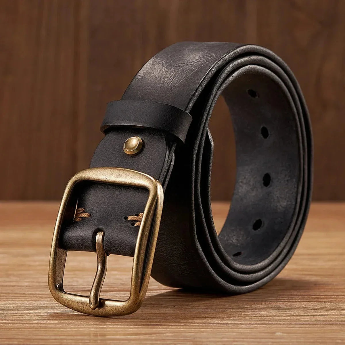 Men’s Leather Belt - Thick 1.5 in Belt with Copper Pin Buckle - Black / 41
