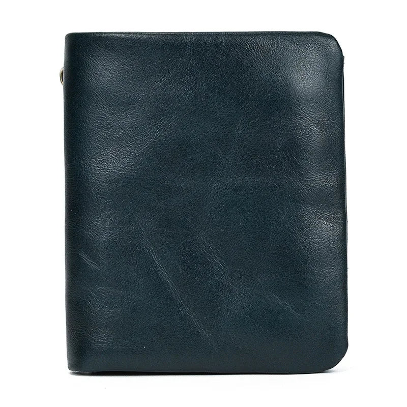Men’s Leather Bifold Wallet - Zip Pocket Card Holder - Navy