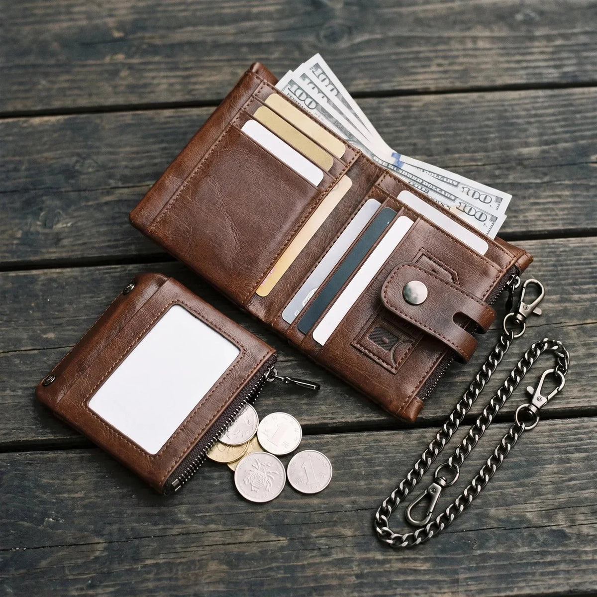 Men’s Leather Biker Wallet - Detachable Chain Snap Tab & 12 Card Slots