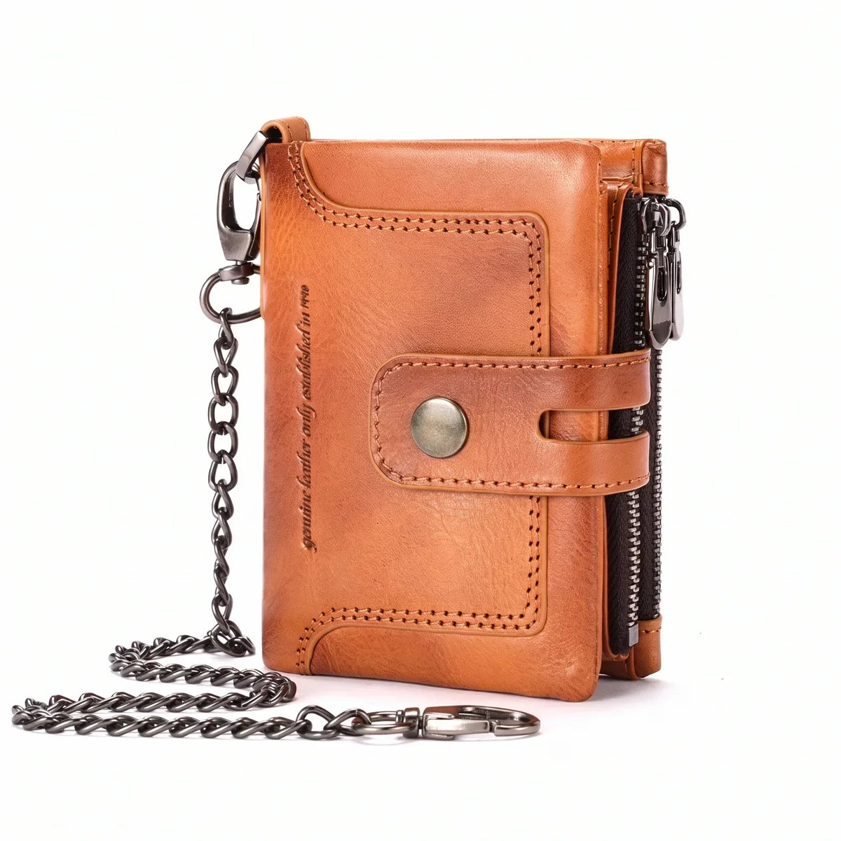Men’s Leather Biker Wallet - Detachable Chain Snap Tab & 12 Card Slots - Tan