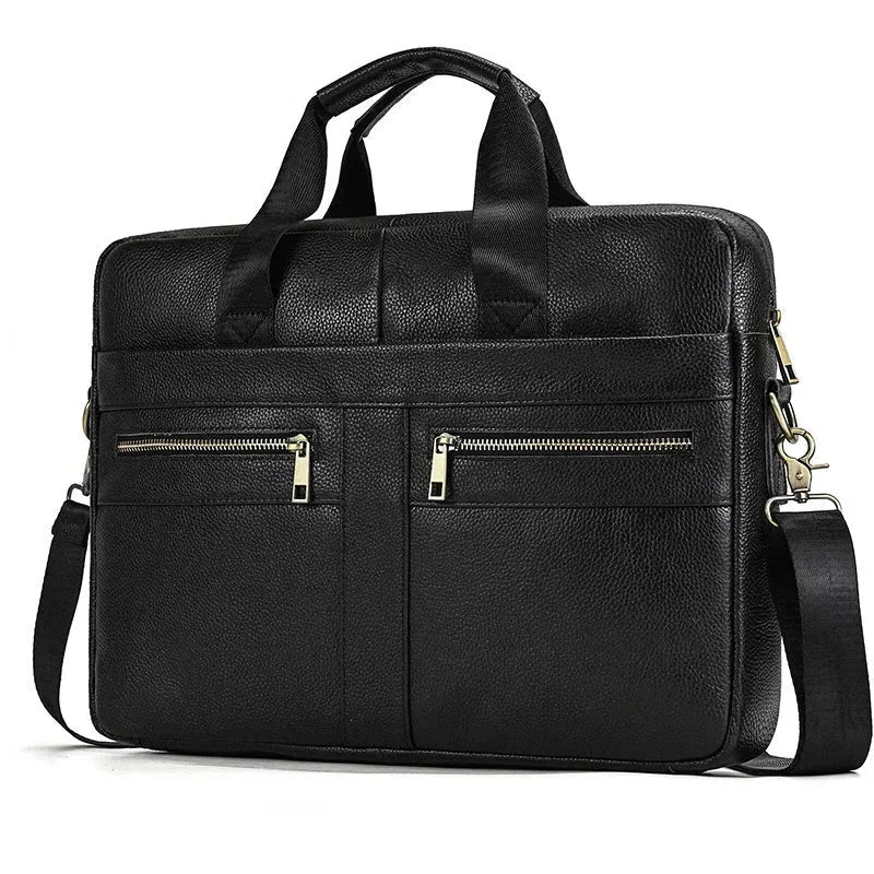 Men’s Leather Briefcase – 14 Inch Business Document Bag - Black
