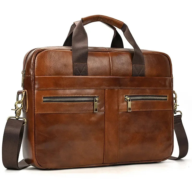 Men’s Leather Briefcase – 14 Inch Business Document Bag - Brown