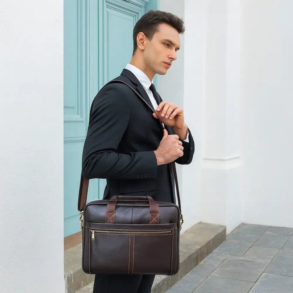 Men’s Leather Briefcase – 14 Inch Business Laptop Work Bag
