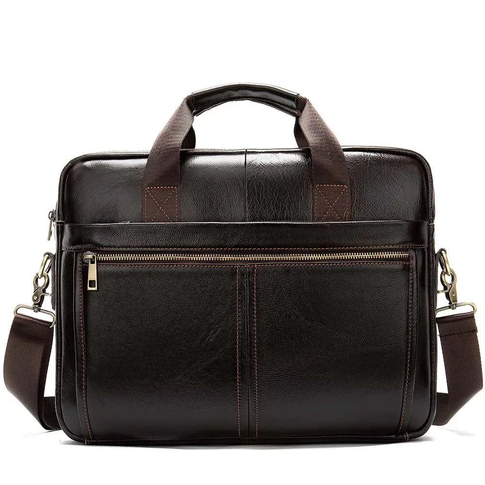 Men’s Leather Briefcase – 14 Inch Business Laptop Work Bag - Dark brown