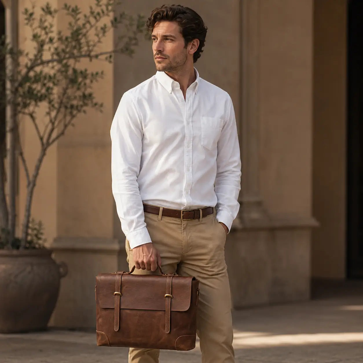 Men’s Leather Briefcase - 15’’ Laptop Flap Work Bag