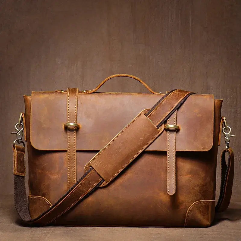 Men’s Leather Briefcase - 15’’ Laptop Flap Work Bag - Brown