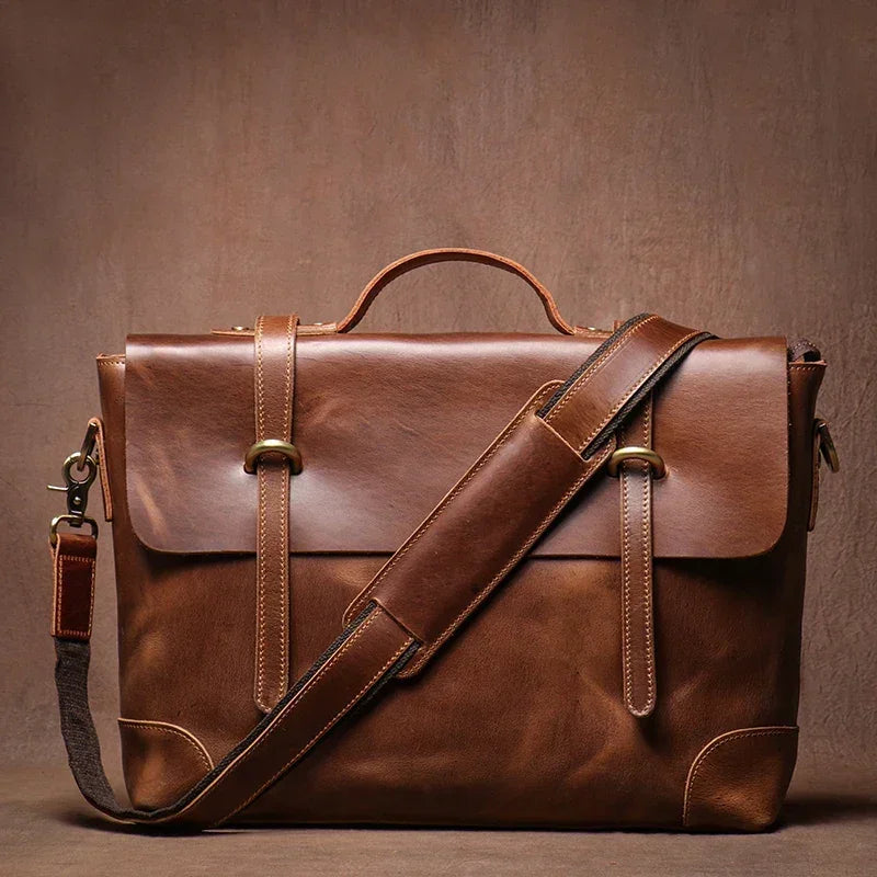 Men’s Leather Briefcase - 15’’ Laptop Flap Work Bag - Dark brown