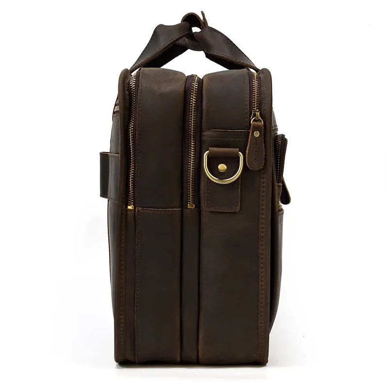 Men’s Leather Briefcase - 3-Compartment Crazy Horse Work Bag