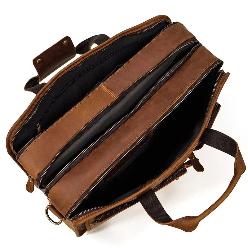 Men’s Leather Briefcase - 3-Compartment Crazy Horse Work Bag