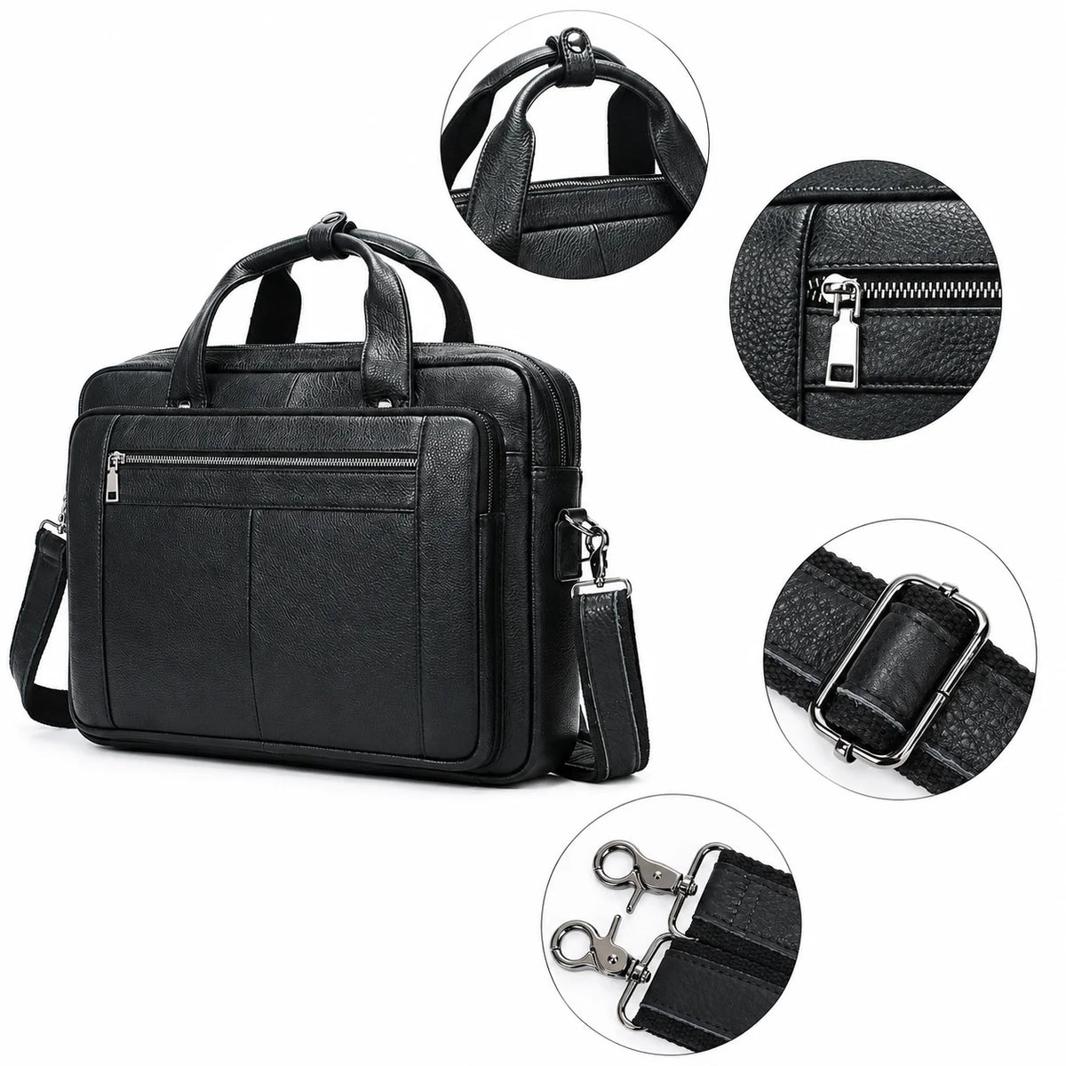 Men’s Black Leather Briefcase - Adjustable Strap 15-Inch Laptop Bag