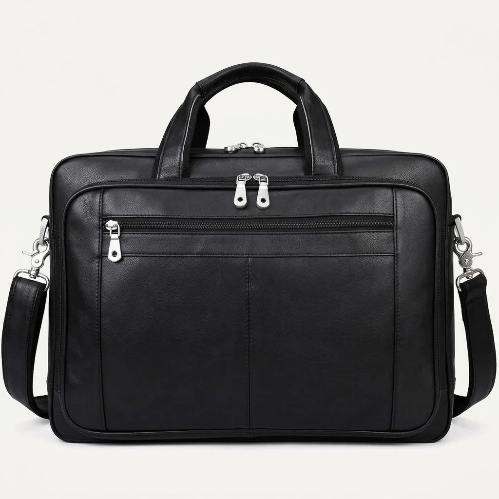 Men’s Black Leather Briefcase - Adjustable Strap 15-Inch Laptop Bag