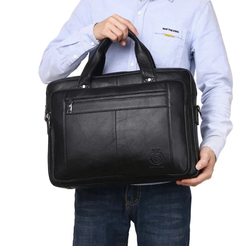 Men’s Black Leather Briefcase - Adjustable Strap 15-Inch Laptop Bag