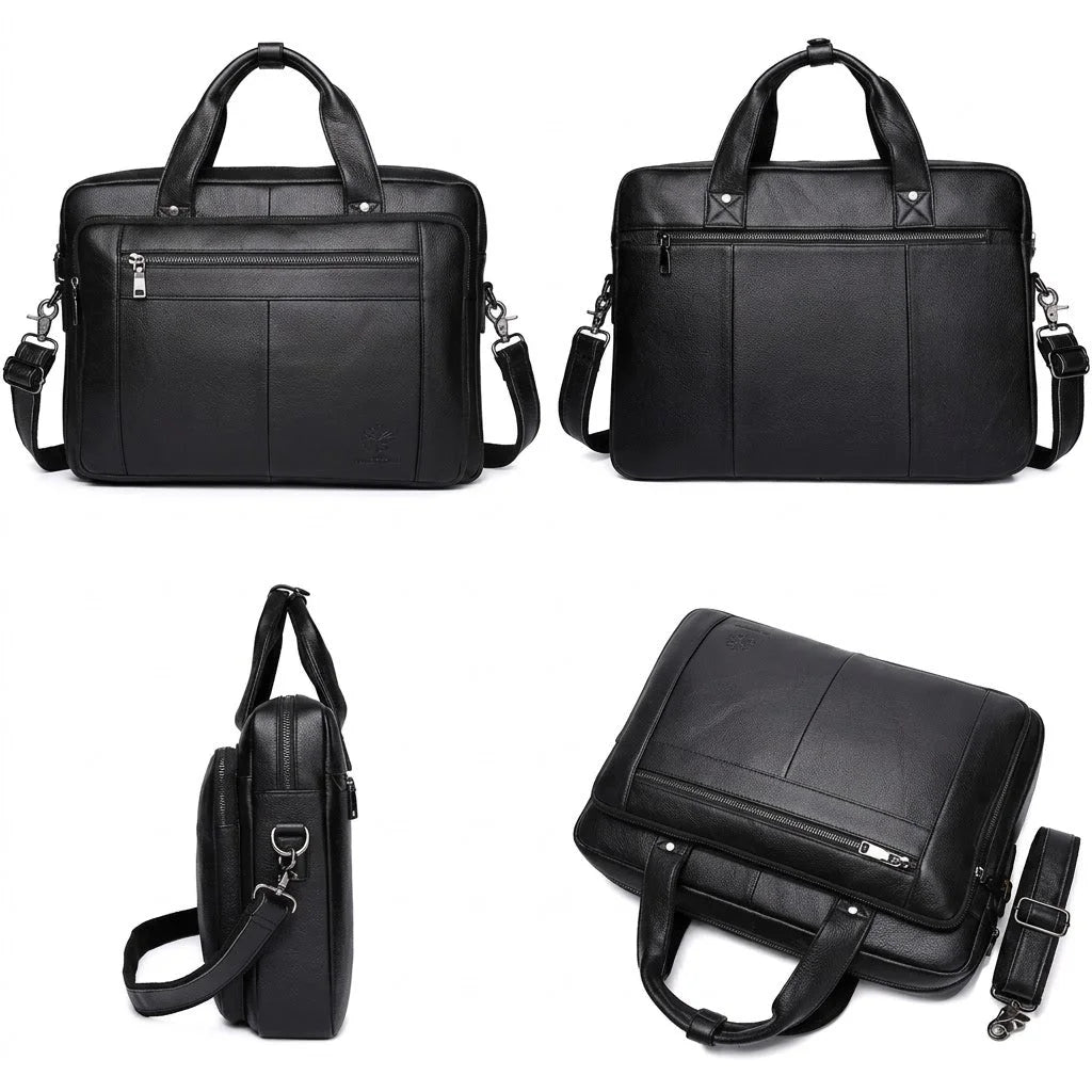 Men’s Black Leather Briefcase - Adjustable Strap 15-Inch Laptop Bag
