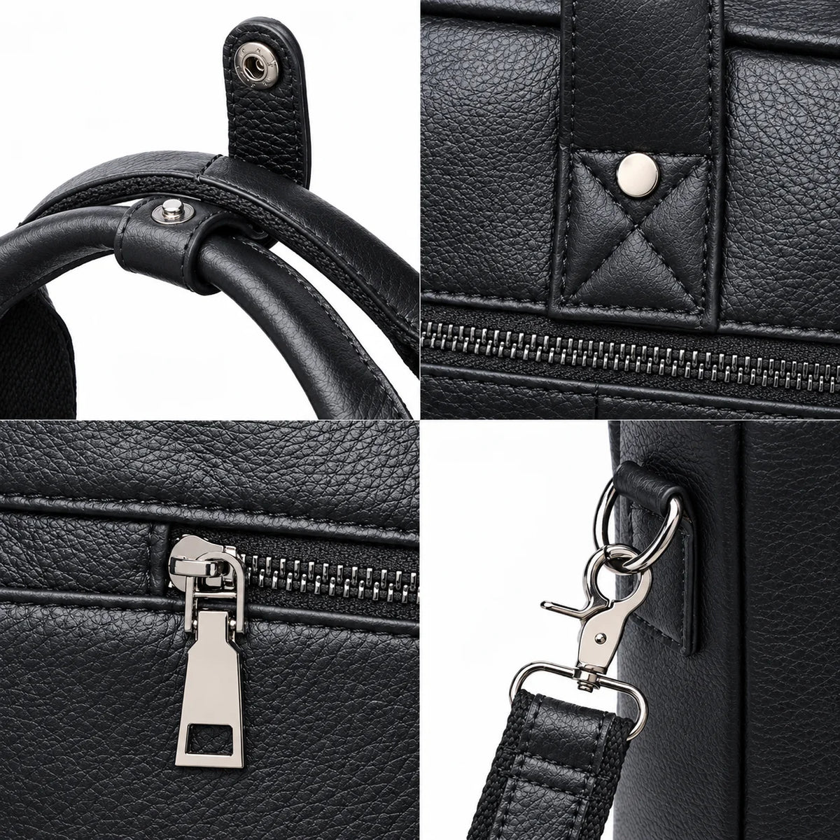 Men’s Black Leather Briefcase - Adjustable Strap 15-Inch Laptop Bag