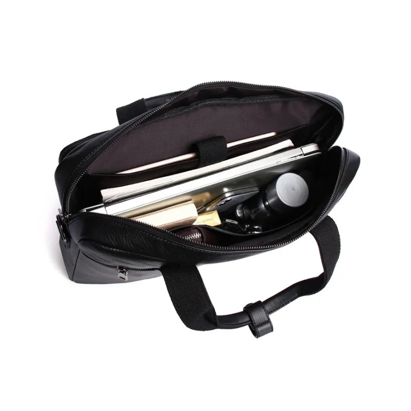 Men’s Black Leather Briefcase - Adjustable Strap 15-Inch Laptop Bag