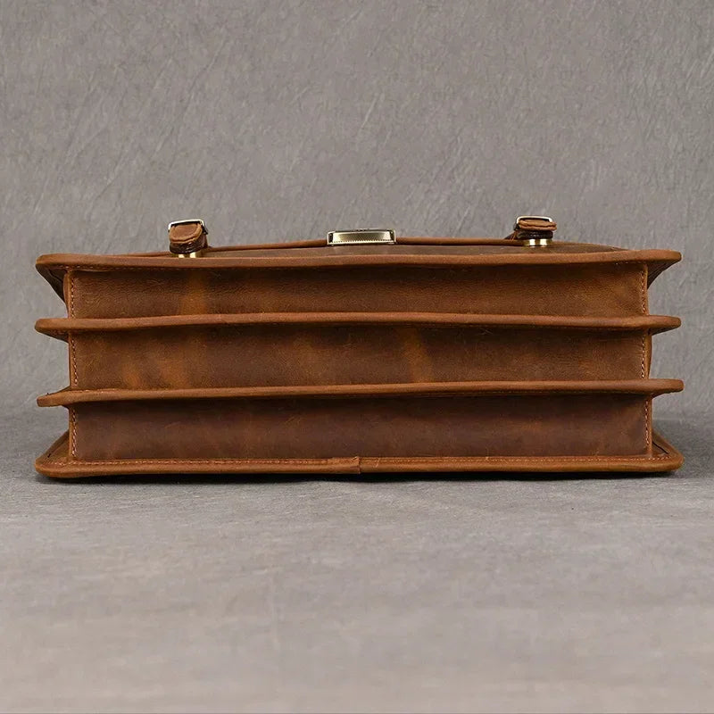 Men’s Leather Briefcase – Brown Multi-Compartment 14 Inch Work Case