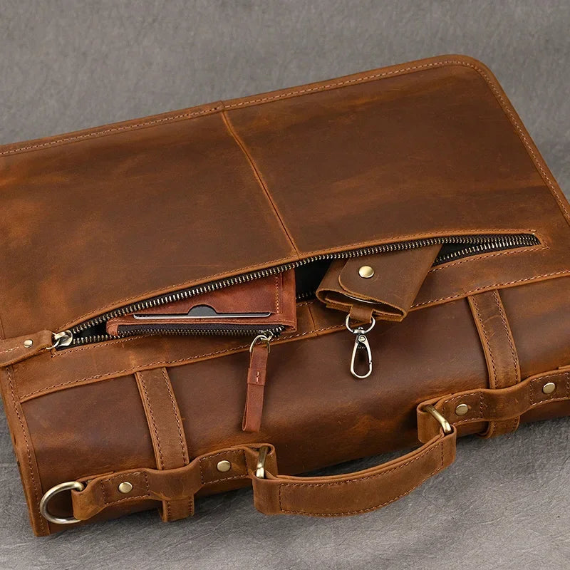Men’s Leather Briefcase – Brown Multi-Compartment 14 Inch Work Case