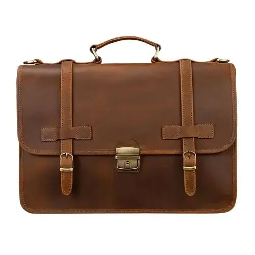 Men’s Leather Briefcase – Brown Multi-Compartment 14 Inch Work Case - Brown