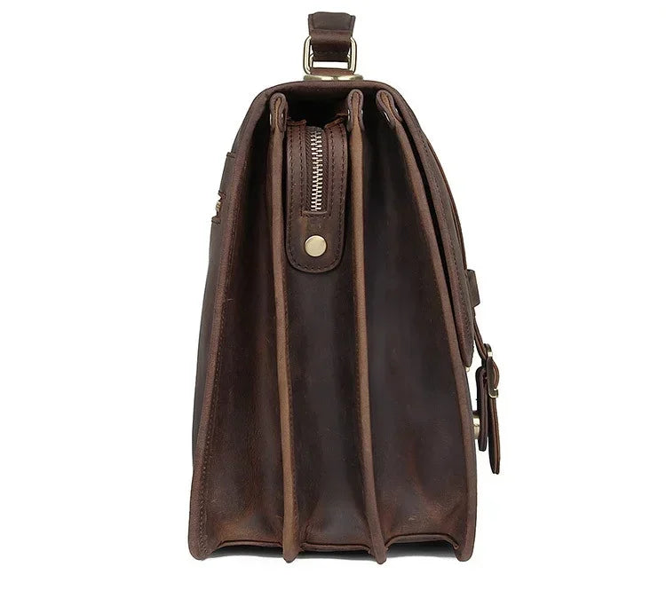 Men’s Leather Briefcase – Brown Multi-Compartment 14 Inch Work Case