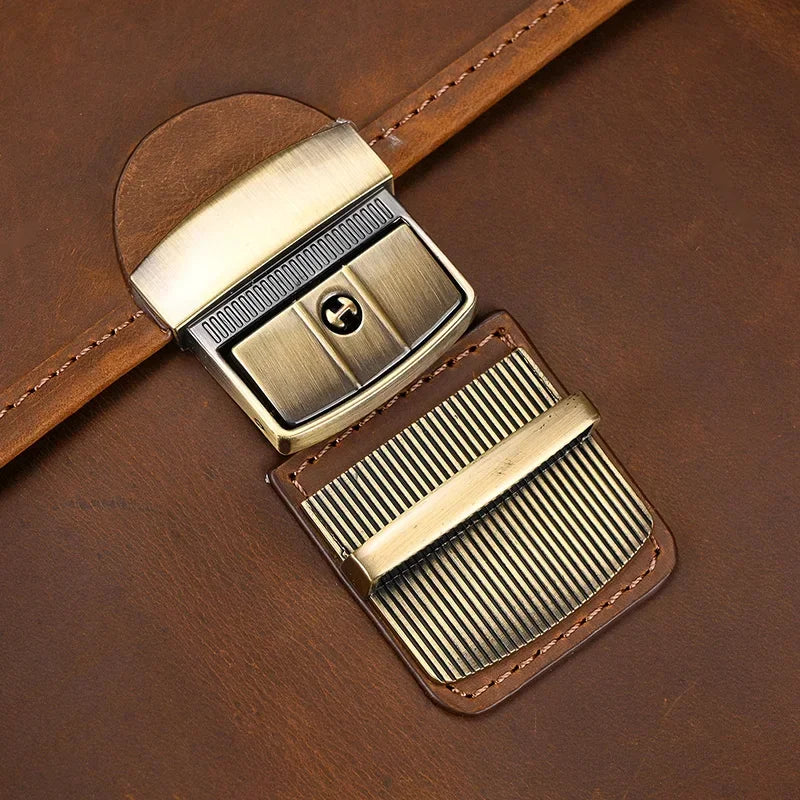 Men’s Leather Briefcase – Brown Multi-Compartment 14 Inch Work Case