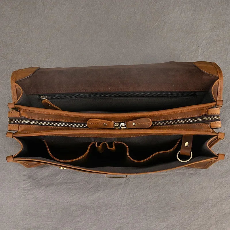 Men’s Leather Briefcase – Brown Multi-Compartment 14 Inch Work Case