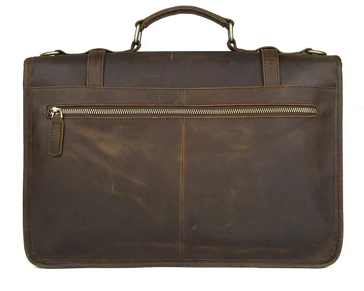 Men’s Leather Briefcase – Brown Multi-Compartment 14 Inch Work Case