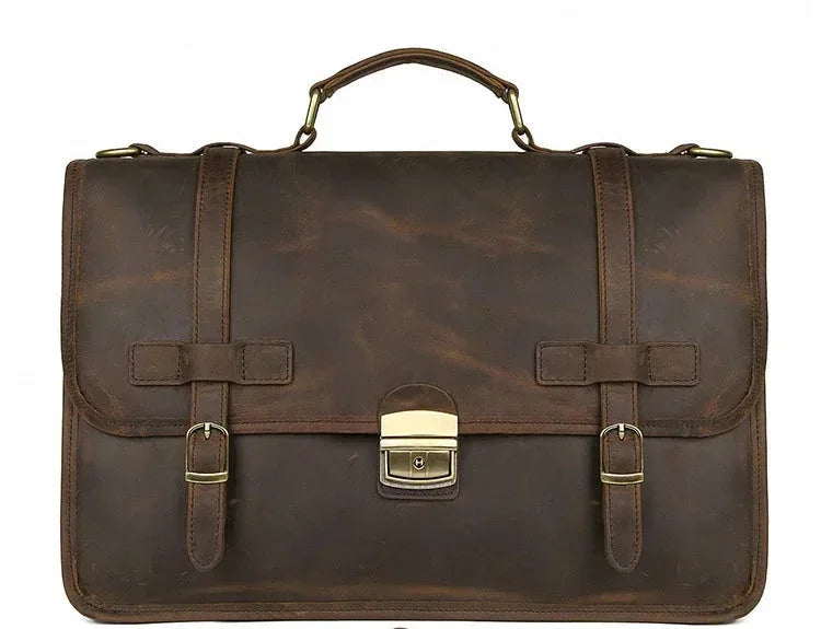 Men’s Leather Briefcase – Brown Multi-Compartment 14 Inch Work Case - Dark brown
