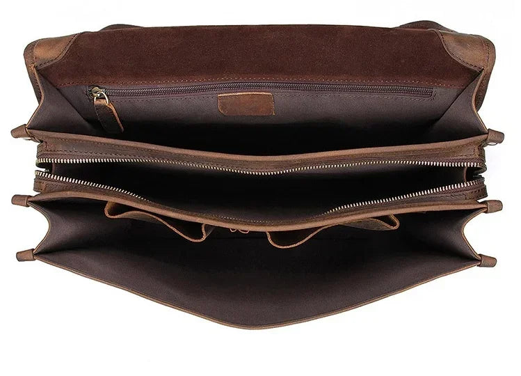 Men’s Leather Briefcase – Brown Multi-Compartment 14 Inch Work Case
