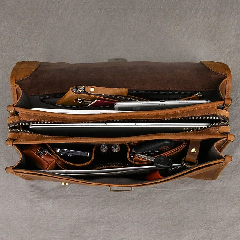 Men’s Leather Briefcase – Brown Multi-Compartment 14 Inch Work Case