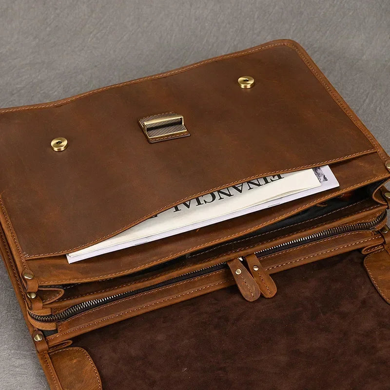 Men’s Leather Briefcase – Brown Multi-Compartment 14 Inch Work Case