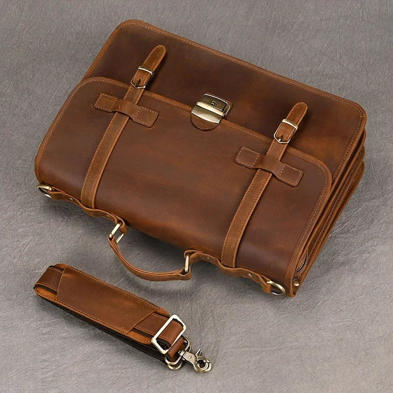 Men’s Leather Briefcase – Brown Multi-Compartment 14 Inch Work Case