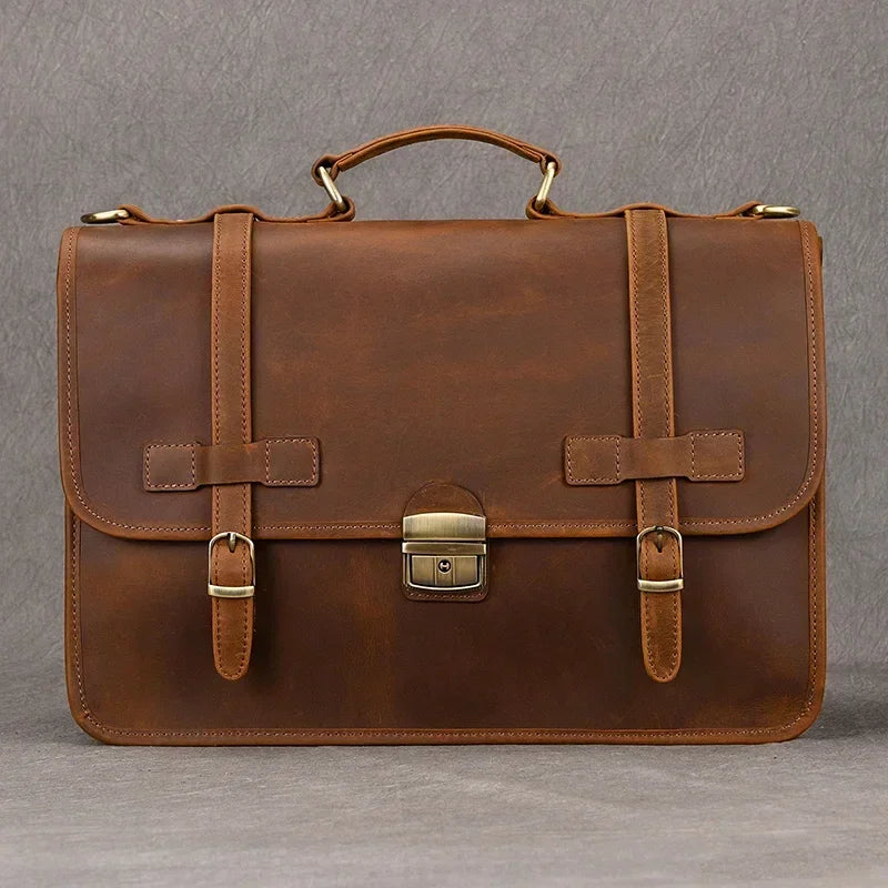 Men’s Leather Briefcase – Brown Multi-Compartment 14 Inch Work Case