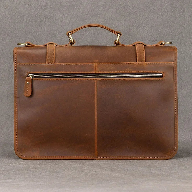 Men’s Leather Briefcase – Brown Multi-Compartment 14 Inch Work Case